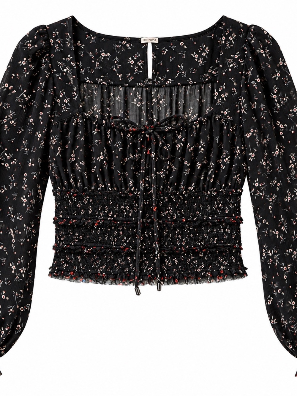 Free People Black Floral Smocked Long-Sleeve Crop Blouse